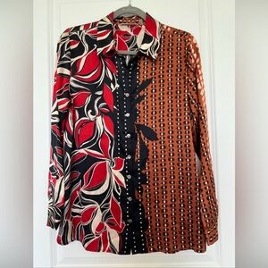 Soft Surroundings  Mixed-Print Button-Up Blouse Red, Black Tan 100% silk M NWOT
